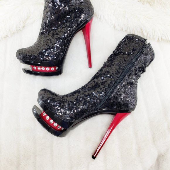 Pleaser Sexy Black Sequin Red High Heel Slouch Ankle Boots Blondie 1009 - Picture 10 of 15